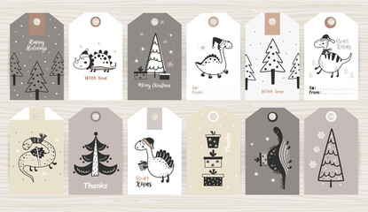 Set of tags with Christmas dinosaurs.