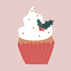 cute cartoon christmas cupcake holidays vector illustration isolated on pink background