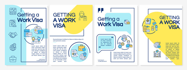 Fototapeta na wymiar Getting work visa yellow, blue brochure template. Live abroad. Flyer, booklet, leaflet print, cover design with linear icons. Vector layouts for presentation, annual reports, advertisement pages