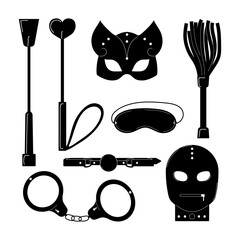 BDSM sex set. Toys for adults. Masks and whips, handcuffs and a gag. Black vector images in a flat style.