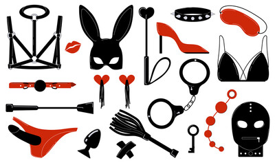 BDSM sex set for role play. Toys and accessories for adults. Masks and whips, handcuffs, gag, collar,belt. Black and red vector images in a flat style.
