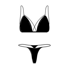Set of women's underwear. Black panties and bra. Elegant and sexy lingerie, thongs, swimsuit. Vector illustration in a cartoon flat style.