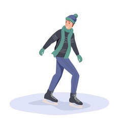 A young man is skating. Winter fun games. Flat vector illustration