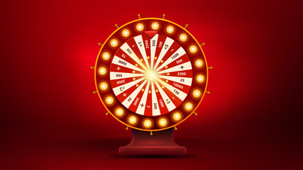 Volumetric cartoon Casino Wheel Fortune on red blurred background for your arts