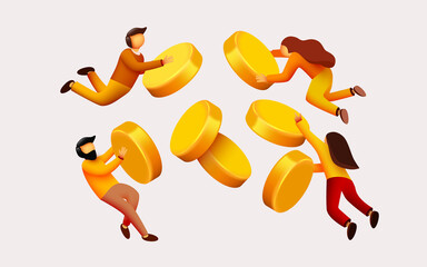 People flying around golden coin. Money saving expert, investment consultation service, personal financial consultant.