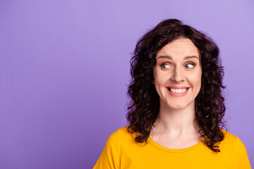 Fototapeta premium Photo of young attractive woman wondered look empty space thoughtful isolated violet color background