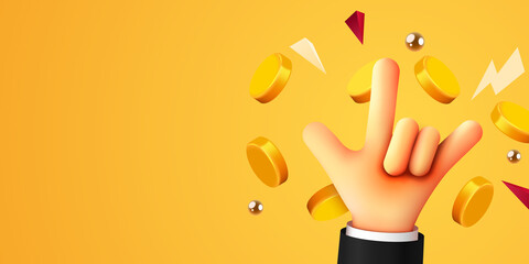 Coins flying around hand in rock sign. Business success. Winner concept.