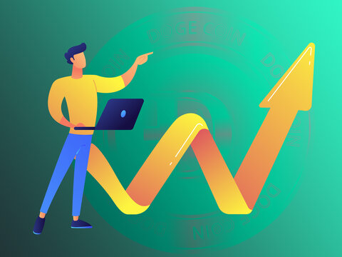 Illustration of Dogecoin growth in the background of statistics