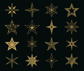 Christmas and New Year decoration. Hand drawn stars collection. Vector illustration. Gold glitter stars on transparent background.