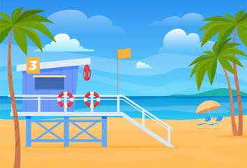 Obraz premium Lifeguard booth empty summer sand beach vector flat illustration. Peaceful relaxation landscape sea