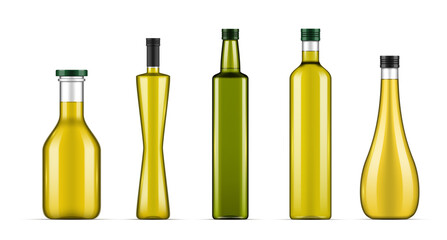 Realistic oil bottles different shape with lid set vector illustration liquid blank glass package