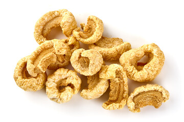 Pork snack, pork rind, pork scratching, pork crackling, isolated on white background.
