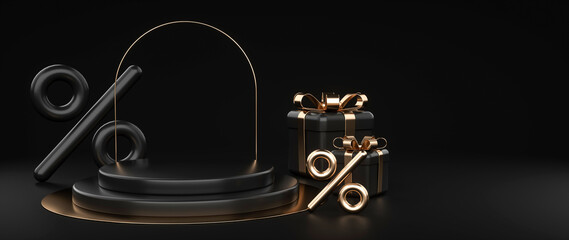 Modern Black And Golden Gift Boxes, Podium And Percentage Symbol. Empty Space Background - 3D Illustration