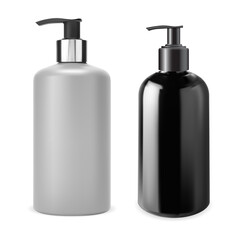 Pump bottle. Shampoo dispenser bottle mockup set. Black and silver plastic liquid soap container, vector illustration. Realistic beauty cosmetic gel, skin care lotion pump dispenser blank