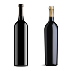 Black glass red wine bottle vector mockup, isolated on white background. two bottles of burgundy wine design, elegant winery product design. Dark glass merlot bottle, dining alcohol drink