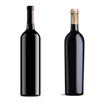 Black glass red wine bottle vector mockup, isolated on white background. two bottles of burgundy wine design, elegant winery product design. Dark glass merlot bottle, dining alcohol drink