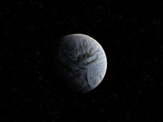 Exoplanet in starry space, realistic far planet, terrestrial planet 3d illustration.