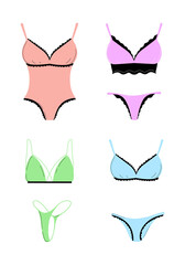 Collection of women's underwear. Elegant lingerie sets, bodysuits, panties and bras. The concept of femininity and beauty. Vector illustration in a cartoon flat style.