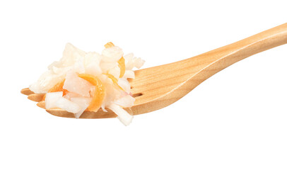 homemade sauerkraut on a wooden fork isolated on white