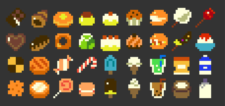 Pixel art vector game sweets and dessert icon set (color)	