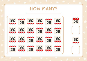 How many christmas calendar, game for children. Vector illustration, printable worksheet