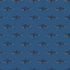Seamless pattern Tiger shark blue background. Gray textured of marine fish for any purpose.