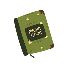 Magic mystical book, witchcraft equipment. Green Book of Spells. Vector illustration in flat hand drawn cartoon style. Isolated over white background.