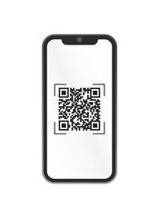 Phone with QR code screen. Barcode on smart phone display. Bar code. Barcode on phone screen. Display QR Code. Analyzing Bar Code. Vector stock illustration.