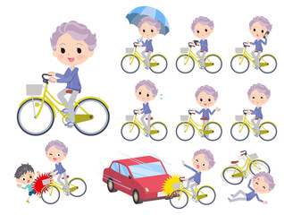 シティサイクルに乗った青ジャージ高齢女性のセット