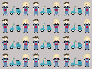 boy and girl cartoon characters standing with motorcycles seamless pattern on gray background