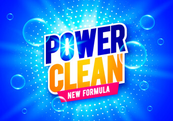 Vector Illustration Power Clean Wash Package Label With Soap Bubbles