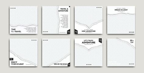 A collection of travel-themed social media post or travel promotion social media templates that you can edit. Perfect for business branding, social media posts, web ads, social media ads and food menu