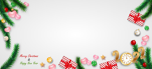 Banner Happy new year gold and red colors place for text with christmas balls and giftbox 2022 of vector illustration.