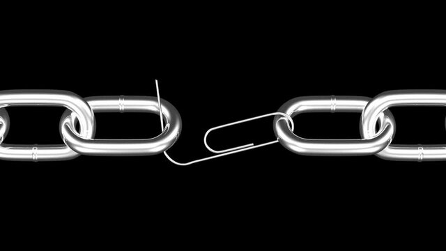 Concept: Weakest link - Chain with clip as link breaking. Luma matte. 3d rendering.