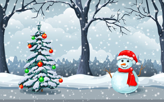 wintertime picture with snowflakes, cute snowman, spruce. snowy day beautiful scene. north festive landscape. cartoon vector illustration. winter holiday background. for postcard, wallpaper, printing.