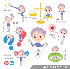 メンタルコントロールをする青ジャージ高齢女性のセット