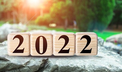 Happy New Year 2022 on wood cube block and nature background