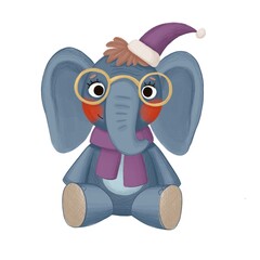 A cute children's illustration with a cartoon elephant in a hat and scarf and yellow glasses