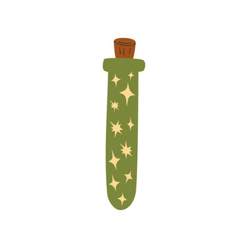 Flask with a magic elixir. A bottle of love potion. Cute test tube with green potion. Vector illustration in flat hand drawn cartoon style. Isolated over white background.
