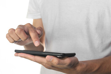 Hand using mobile smartphone touching on screen technology