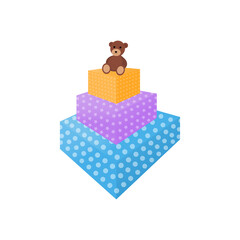 Gift boxes and toy bear. White background. Cartoon