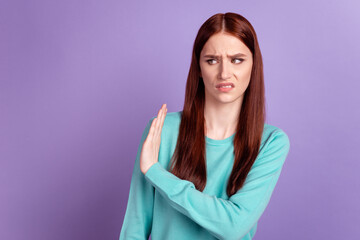 Fototapeta premium Photo of youth lady moody look empty space show hand no stop symbol solated over violet color background