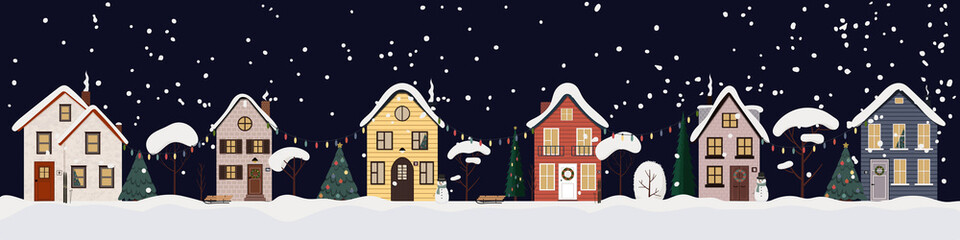 Vector illustration of winter snowy night street. Urban landscape with cute houses, trees in snow and christmas garlads, snowman. Flat buildings isolated on white background.
