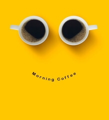 coffee poster ad On isolated yellow background and text "Morning coffee".