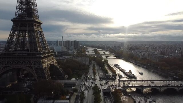 Paris France from above, Eiffel Tower drone panorama, autumn 2021
