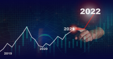 Businessman draws increase graph corporate future growth year from the past year until 2021 to...