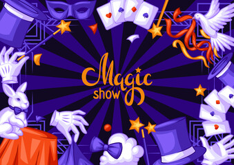 Magician frame with magic items. Illusionist show or performance background. Cartoon style illustration of tricks. © incomible