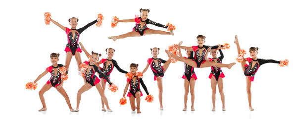 Creative collage of little girl, professional cheerleaders training, performing isolated over white...