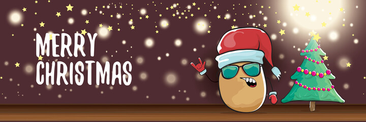vector funky cartoon smiling santa claus potato with red santa hat and calligraphic christmas text on horizontal night background with blur and lights. vegetable funky christmas food character