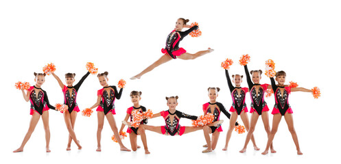 Creative collage of little girl, professional cheerleaders training, performing isolated over white...